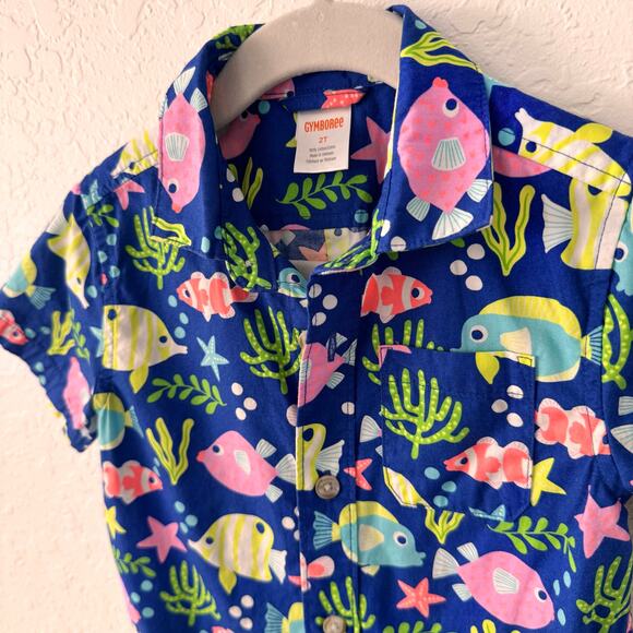 Gymboree Toddler Boy Shirt 2T Ocean Fish Print Button Down Short Sleeve Cotton - Picture 3 of 4